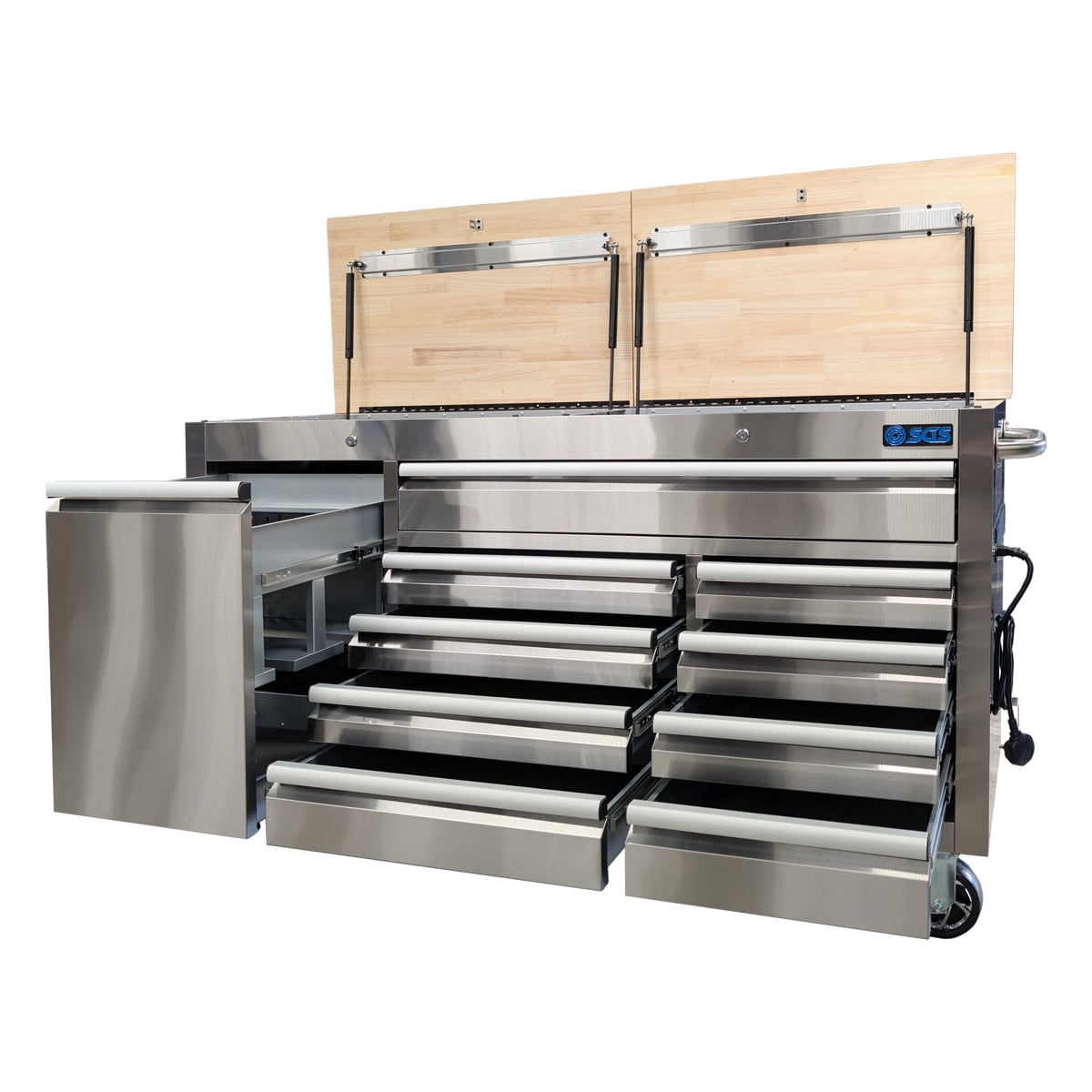 SGS 61in Stainless Steel 9 Drawer Tool Chest | Split Wooden Lift-Up Worktop